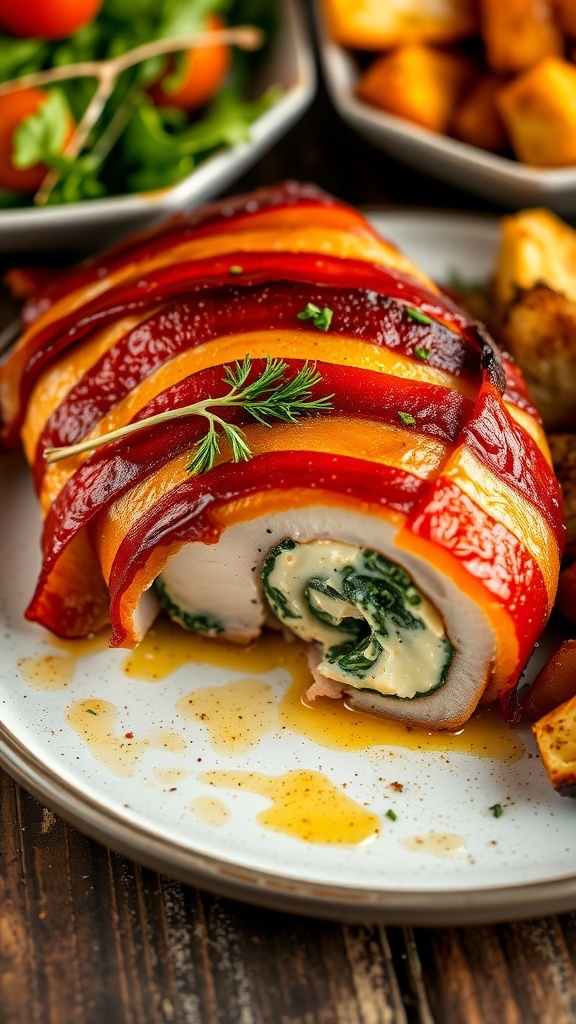 Bacon-wrapped stuffed chicken breast with creamy filling, garnished with herbs, on a wooden table with roasted vegetables.